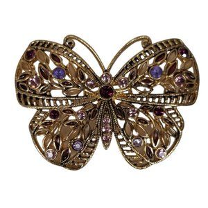NEW GOLD TONE BUTTERFLY BROOCH WITH PURPLE & PINK CRYSTALS